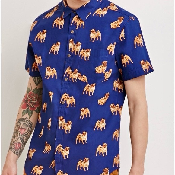 21men Other - Forever 21 Men’s Blue Casual Button Down Shirt with Pug Dog Print